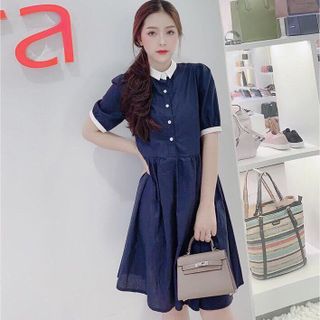Đầm xoè babydoll xanh đen cổ peter trắng