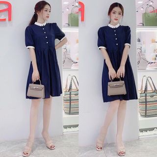 Đầm xoè babydoll xanh đen cổ peter trắng