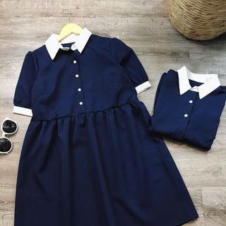 Đầm xoè babydoll xanh đen cổ peter trắng