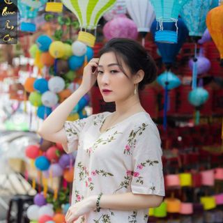 Pháp Phục Áo Phật Tử Đi Chùa - Áo Vải Lanh Màu Kem Họa Tiết Hoa Lá - ALT34