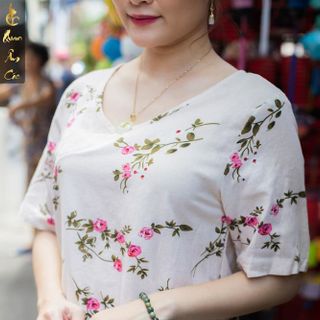 Pháp Phục Áo Phật Tử Đi Chùa - Áo Vải Lanh Màu Kem Họa Tiết Hoa Lá - ALT34