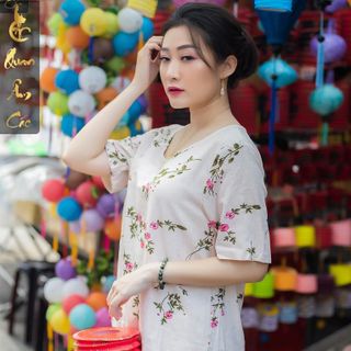 Pháp Phục Áo Phật Tử Đi Chùa - Áo Vải Lanh Màu Kem Họa Tiết Hoa Lá - ALT34