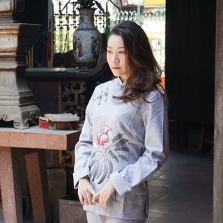 Bộ Pháp Phục Đồ Lam Đi Chùa Cao Cấp - Bộ Đồ Phật Tử Vải Cotton Đũi Xám Họa Tiết Hoa Sen Đài Loan - ASENX23 giá sỉ