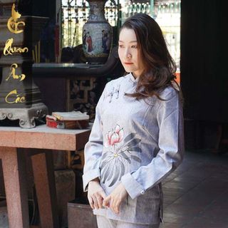 Bộ Pháp Phục Đồ Lam Đi Chùa Cao Cấp - Bộ Đồ Phật Tử Vải Cotton Đũi Xám Họa Tiết Hoa Sen Đài Loan - ASENX23