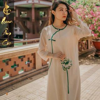 Áo Dài Cách Tân Pháp Phục Đi Chùa - Áo Dài Vải Voan Trắng Thêu Sen Cách Điệu Đài Loan - ADHOAK20