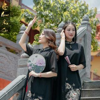 Áo Dài Pháp Phục Đi Chùa Cao Cấp - Áo Dài Phật Tử Vải Voan Đen Thêu Họa TIết Đài Loan - ADVD16