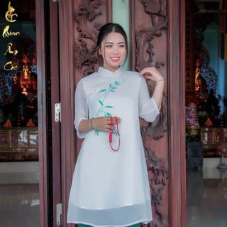 Áo Dài Cách Tân Cao Cấp Cho Phật Tử Đi Chùa - Áo Dài Pháp Phục Voan Họa Tiết Lá Trúc Đài Loan - ALTV27