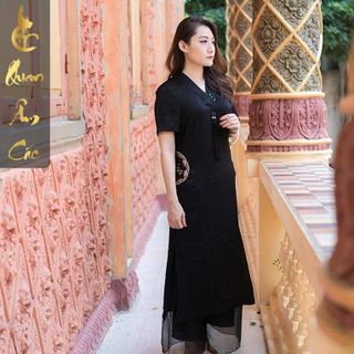 Áo Dài Phật Tử Đi Chùa Cao Cấp - Áo Dài Pháp Phục Vải Lụa Màu Đen Thêu Họa Tiết Đài Loan - ADLD06