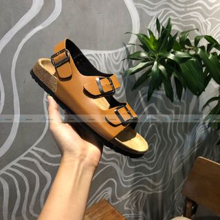 Giày sandal đế trấu 2 khóa màu bò nữ