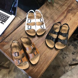 Giày sandal đế trấu 2 khóa màu bò nam