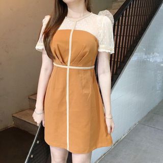 Đầm viền line phối lưới bi màu da