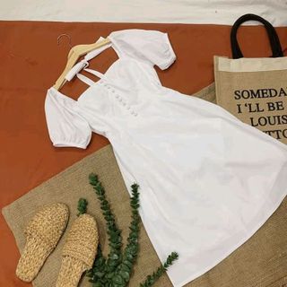ĐẦM TRẮNG CỔ VUÔNG NÚT BỌC