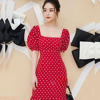ĐẦM ÔM CỔ VUÔNG TAY NGẮN LAI DÚN MS 2339