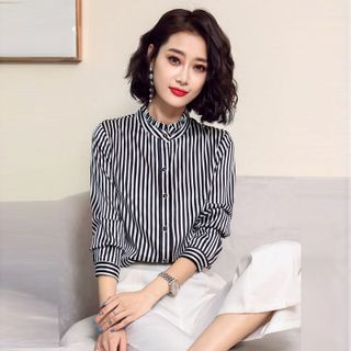 Áo Sơ Mi Sọc Cổ Trụ Viền Bèo
