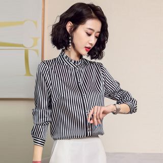 Áo Sơ Mi Sọc Cổ Trụ Viền Bèo