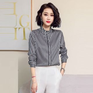 Áo Sơ Mi Sọc Cổ Trụ Viền Bèo