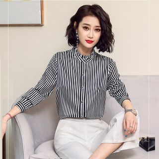 Áo Sơ Mi Sọc Cổ Trụ Viền Bèo