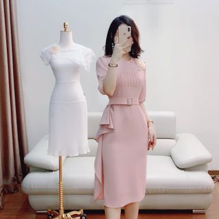 Váy body hồng xếp ly ngực kèm đai V1222