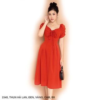 ĐẦM TAY NGẮN DÚN NGỰC DÚN THẮT NƠ CỔ MS 2345