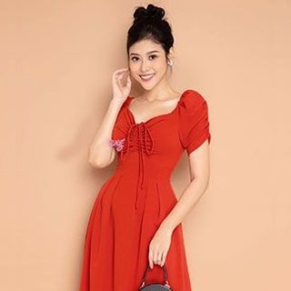 ĐẦM TAY NGẮN DÚN NGỰC DÚN THẮT NƠ CỔ MS 2345
