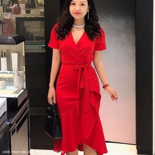 ĐẦM CỔ TIM CHÉO TAY NGẮN EO THẮT NƠ MS 2350