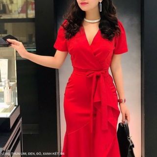 ĐẦM CỔ TIM CHÉO TAY NGẮN EO THẮT NƠ MS 2350