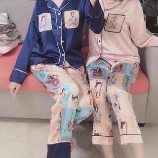 Bộ Pijama Lụa Satin -tay dài quần phối họa tiết - mẫu mới - giá sỉ