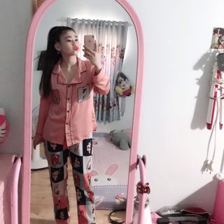 Bộ Pijama Lụa Satin -tay dài quần phối họa tiết - mẫu mới - giá sỉ