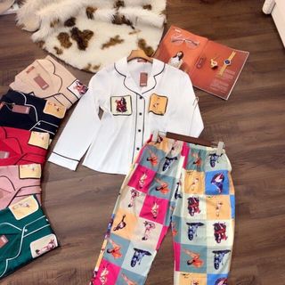 Bộ Pijama Lụa Satin -tay dài quần phối họa tiết - mẫu mới - giá sỉ