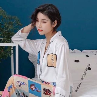 Bộ Pijama Lụa Satin -tay dài quần phối họa tiết - mẫu mới - giá sỉ