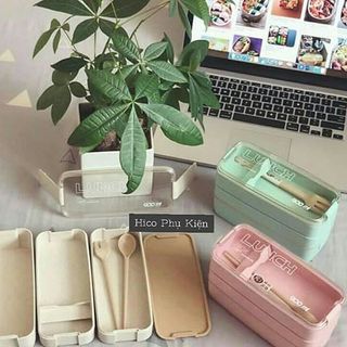 Hộp đựng cơm lúa mạch 3 tầng tặng kèm muỗng đũa