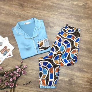 Đồ bộ Pijama dài - Lụa Satin - quần họa tiết - giá sỉ giá bán buôn
