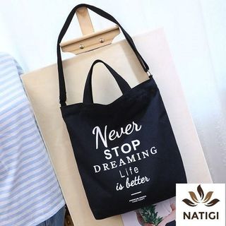 TÚI TOTE VẢI QUAI ĐÔI NEVER STOP ĐEO VAI ĐEO CHÉO NỮ CANVAS ĐI HỌC ĐI CHƠI HÀN QUỐC ĐẸP GIÁ RẺ TTV09