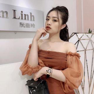 Đầm body xếp ly ngực phối tay lưới