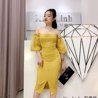Đầm body xếp ly ngực phối tay lưới