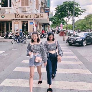 Áo caro nhún lưng dây rút 2 bên tay dài