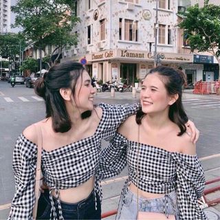 Áo caro nhún lưng dây rút 2 bên tay dài