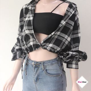 Áo sơ mi caro dây rút tay dài
