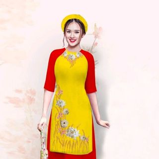 sét áo dài cách tân hoa cúc màu đỏ