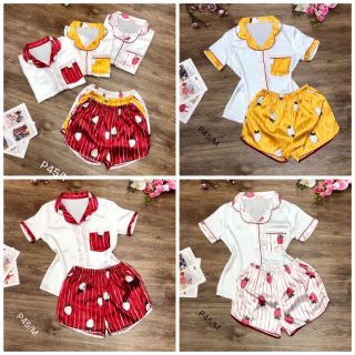 Đồ bộ Pijama Lụa Satin - quần đùi phối trái dâu - túi bầu - giá sỉ giá sỉ