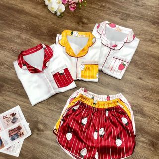 Đồ bộ Pijama Lụa Satin - quần đùi phối trái dâu - túi bầu - giá sỉ