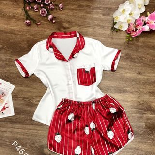 Đồ bộ Pijama Lụa Satin - quần đùi phối trái dâu - túi bầu - giá sỉ