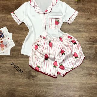 Đồ bộ Pijama Lụa Satin - quần đùi phối trái dâu - túi bầu - giá sỉ