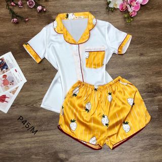 Đồ bộ Pijama Lụa Satin - quần đùi phối trái dâu - túi bầu - giá sỉ