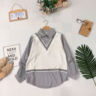 Áo sơmi phối len móc giả set