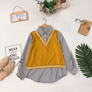Áo sơmi phối len móc giả set