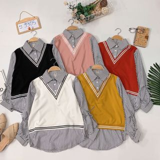 Áo sơmi phối len móc giả set
