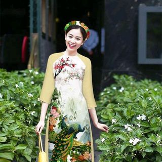 Bộ áo dài chim công lụa in 3D tay phối màu tím sen