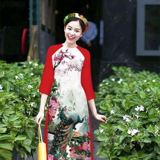 Bộ áo dài chim công lụa in 3D tay phối màu tím sen