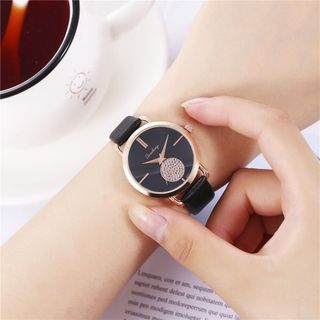 Đồng hồ nữ Qicaihong dây da cao cấp mặt đính đá sang trọng phong cách thời trang Ý